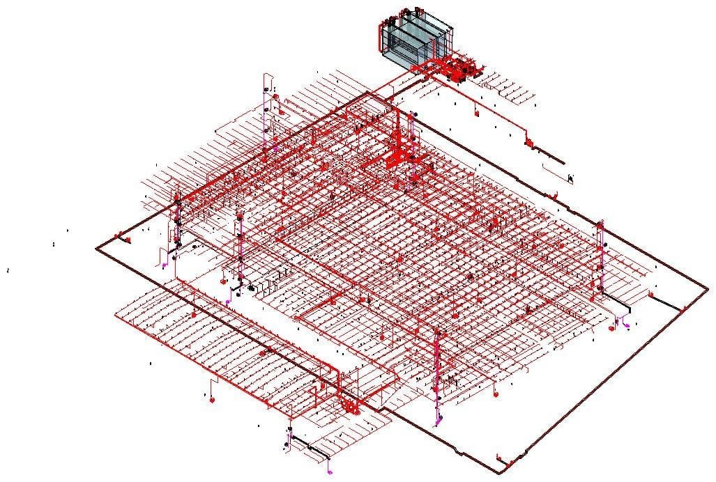 Revit 3D fire protection model with sprinklers, hydrant ring main and pump room for an industrial cleanroom facility