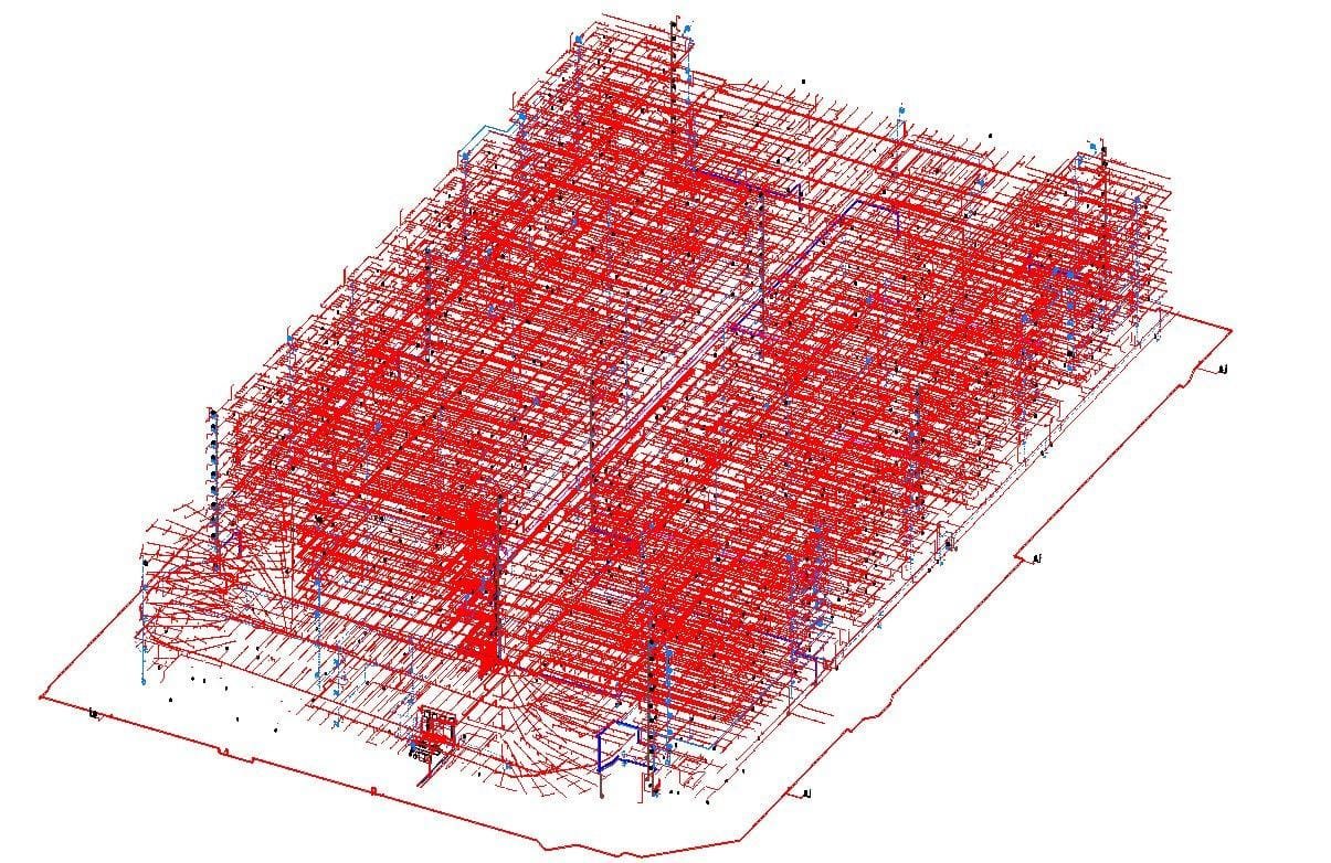 Revit 3D view of a federated fire protection model with sprinkler mains, branches and risers across a multi-storey food factory